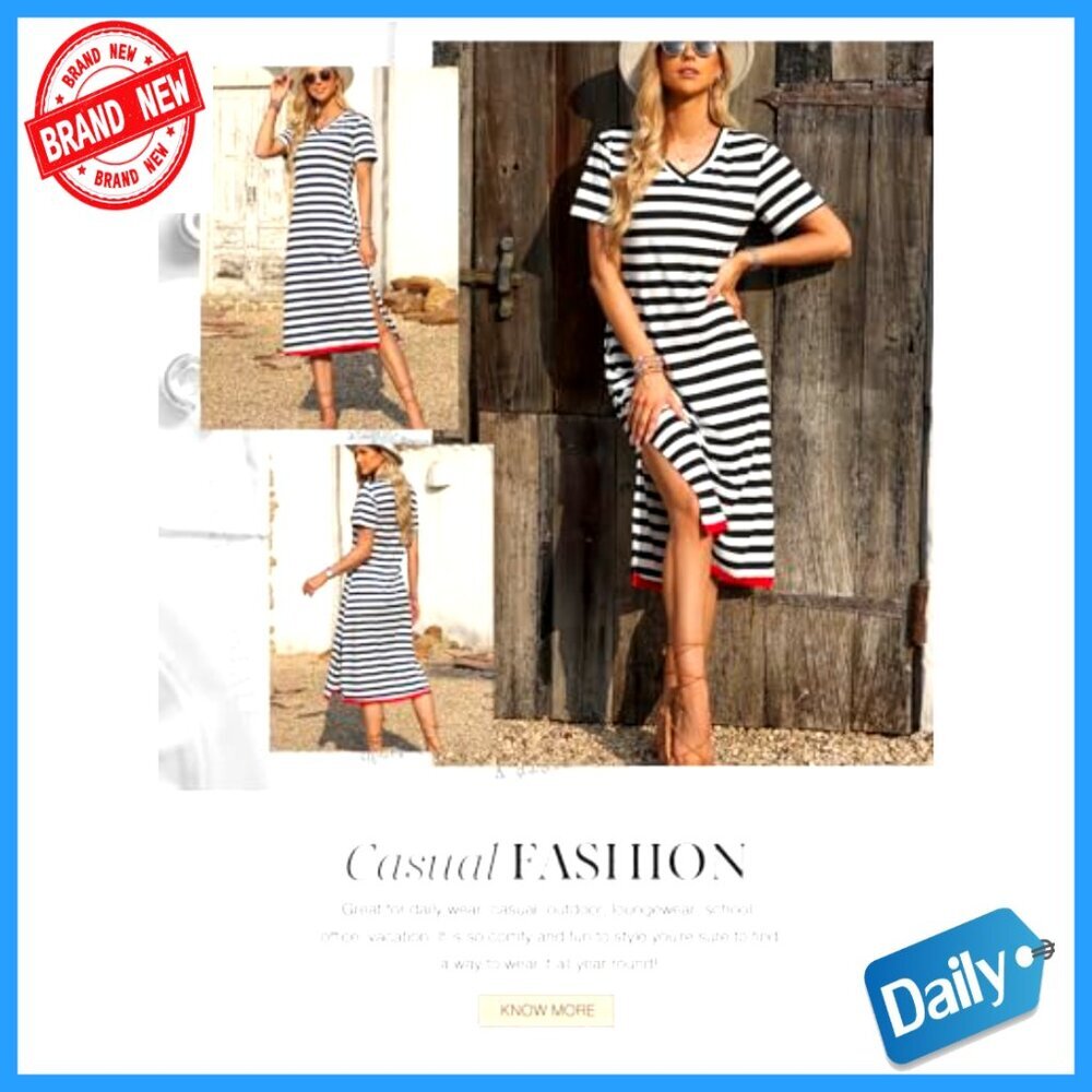 Striped Maxi Dress Casual Summer Split Side T-Shirt Style Trendy View 4
